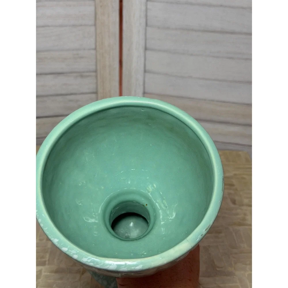 Vintage Midcentury Seafoam Ceramic Flower Frog Vase Pedestal Floral Arranger
